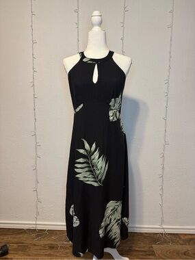 Ann Taylor Black Halter Maxi Dress with Green Tropical Leaf Print